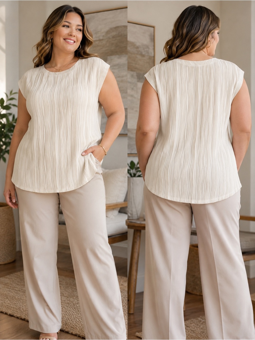 Cream Ribbed Textured Sleeveless Blouse XL Minimalist Quiet Luxury Old Money